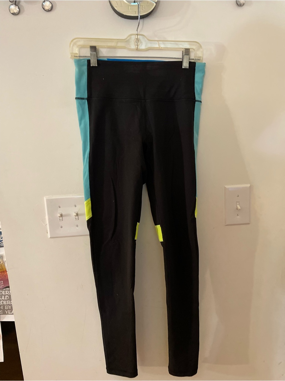 Two Pair Leggings with Aqua, Neon & Yellow /Black, White & Tan Size S